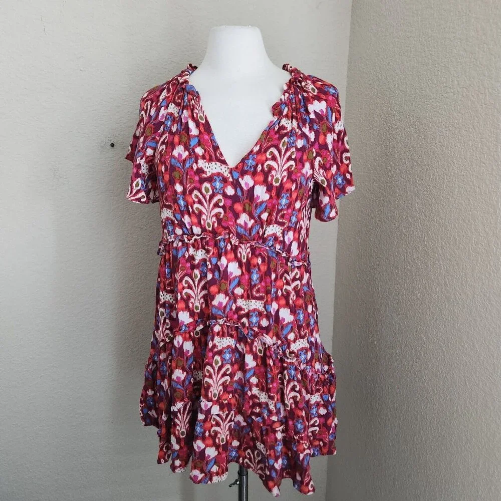 Anthropologie Robin Floral Ruffle Tiered Mini Dress Size XS‎ Oversized Pink Red